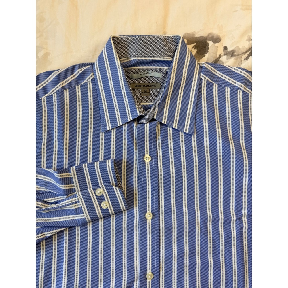 Johnston & Murphy Mens Tailored Fit Blue White Striped Cotton Button Down Shirt
